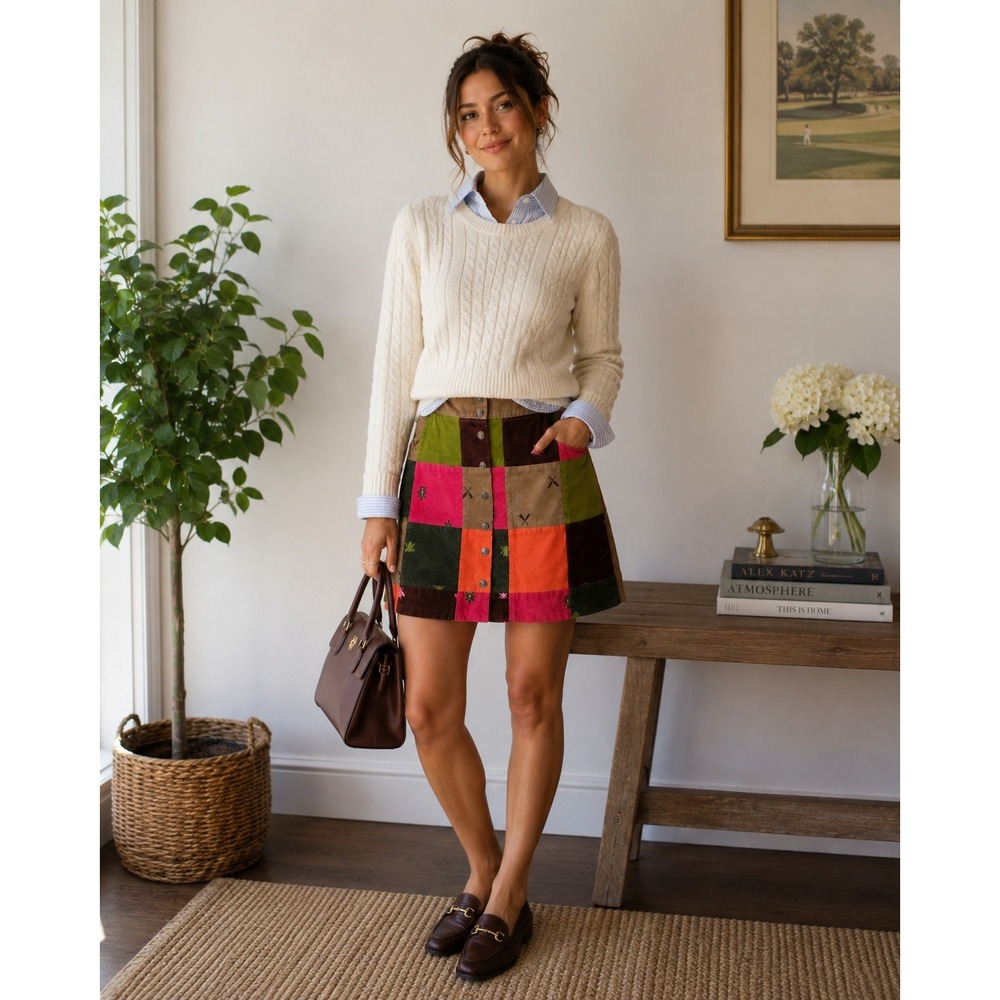 Lilly Pulitzer Mini Skirt Womens 2 Multi Patchwork Corduroy Embroidered Autumn